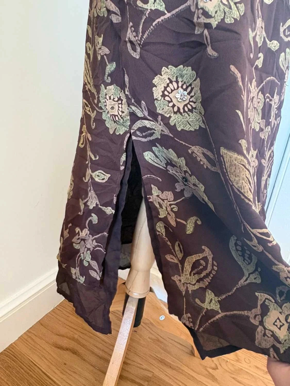 Falda larga vintage marrón con flores boho retro midi fluida recta con abertura Y2K talla 14 XL Kathie Lee – photo 5